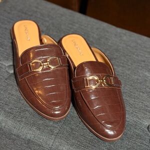 Lane Bryant Brown Croc-Embossed Slide Loafers with Gold Hardware